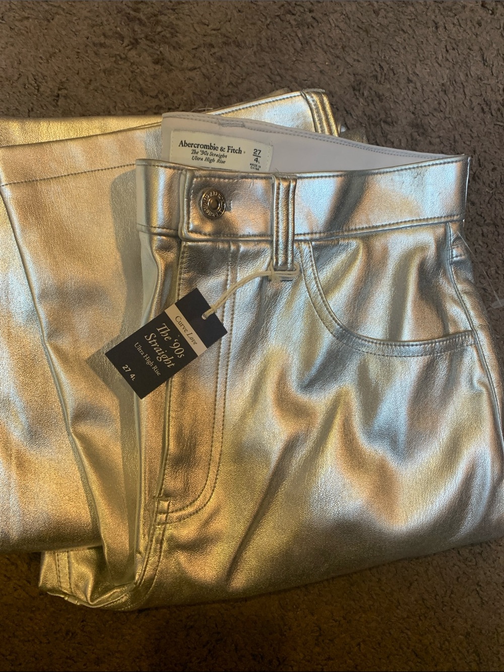 Abercrombie & Fitch Women's Metallic Silver Straight ultra high rise pants